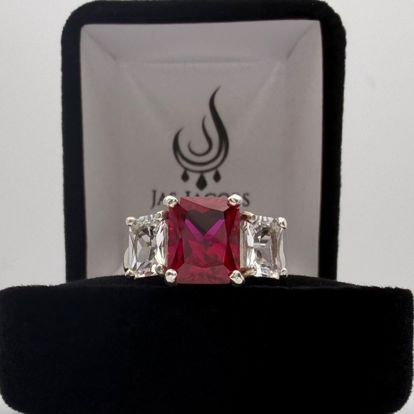 Jas Jacobs Jewelry Jewelry - 6ctw Lab Ruby Three Stone Ring White Sapphire Side Stones Size 7
